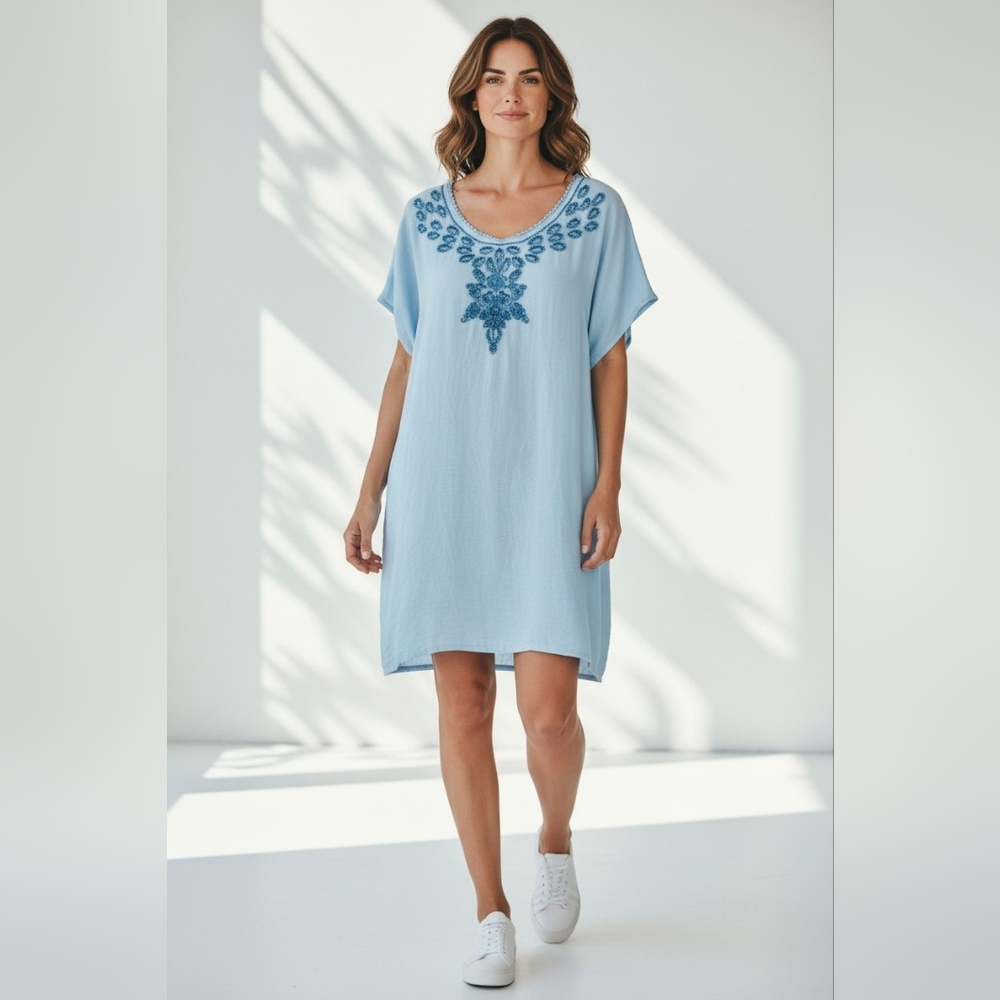 Soft Surroundings Light Blue Embroidered Short Sleeve Shirt Dress Womens Size XL